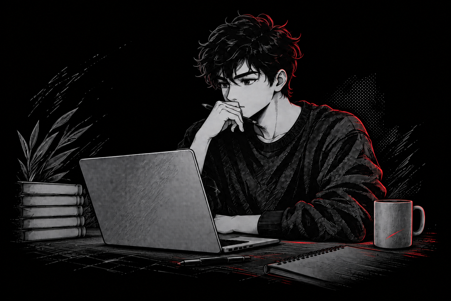 Manga illustration of an engineer thinking at a laptop